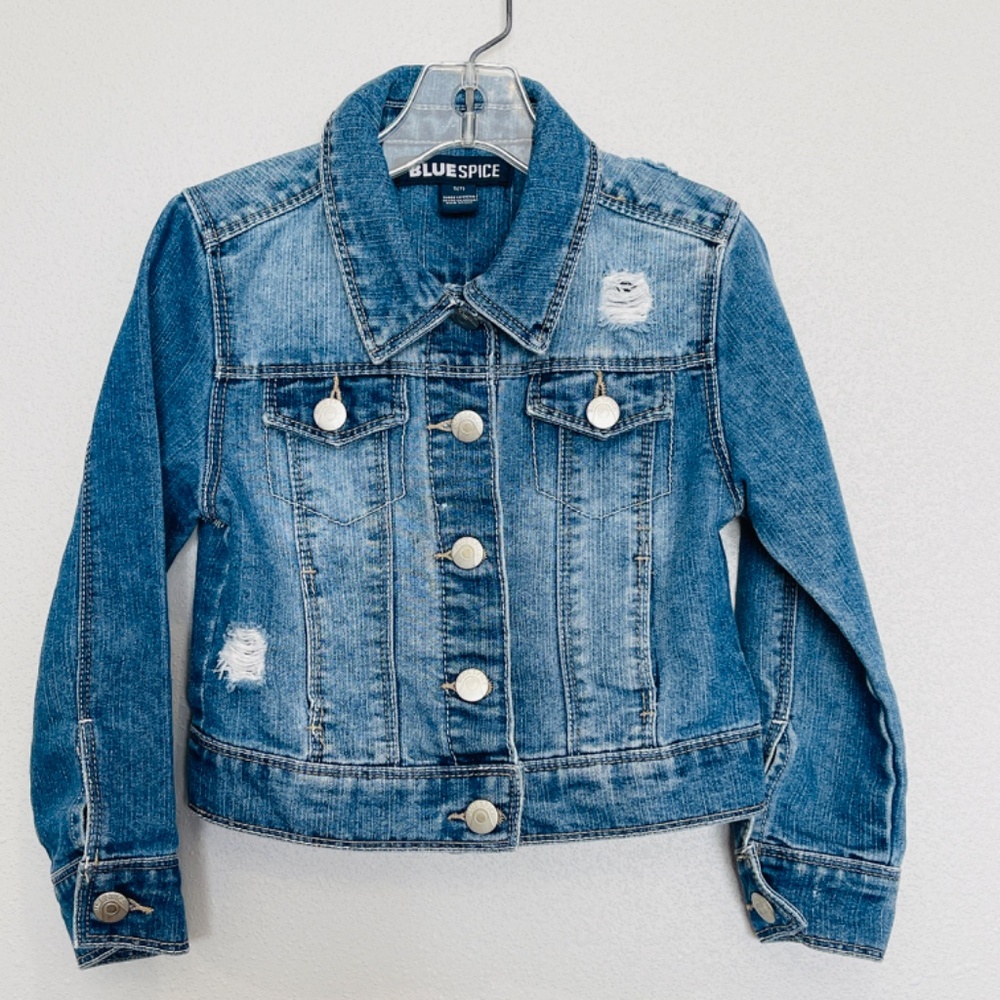 Blue Spice Denim Jean Jacket Distressed Girls Size 7 Back to School